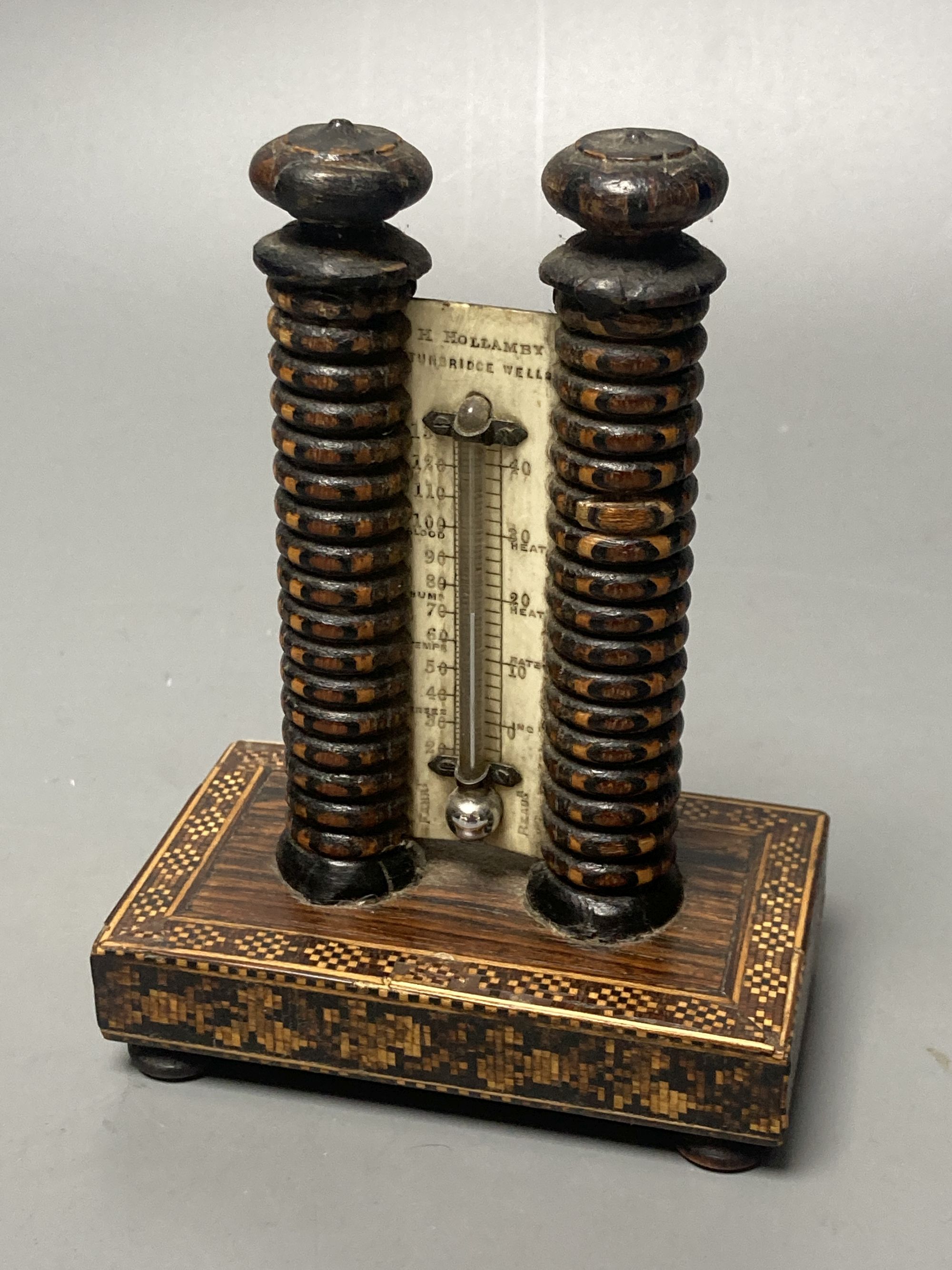 A Tunbridge ware rosewood stickware and tesserae mosaic twin tower thermometer by Henry Hollamby, 12.5cm